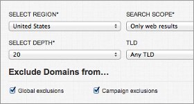 Limit queries by region, depth, scope, or TLD, and exclude domains